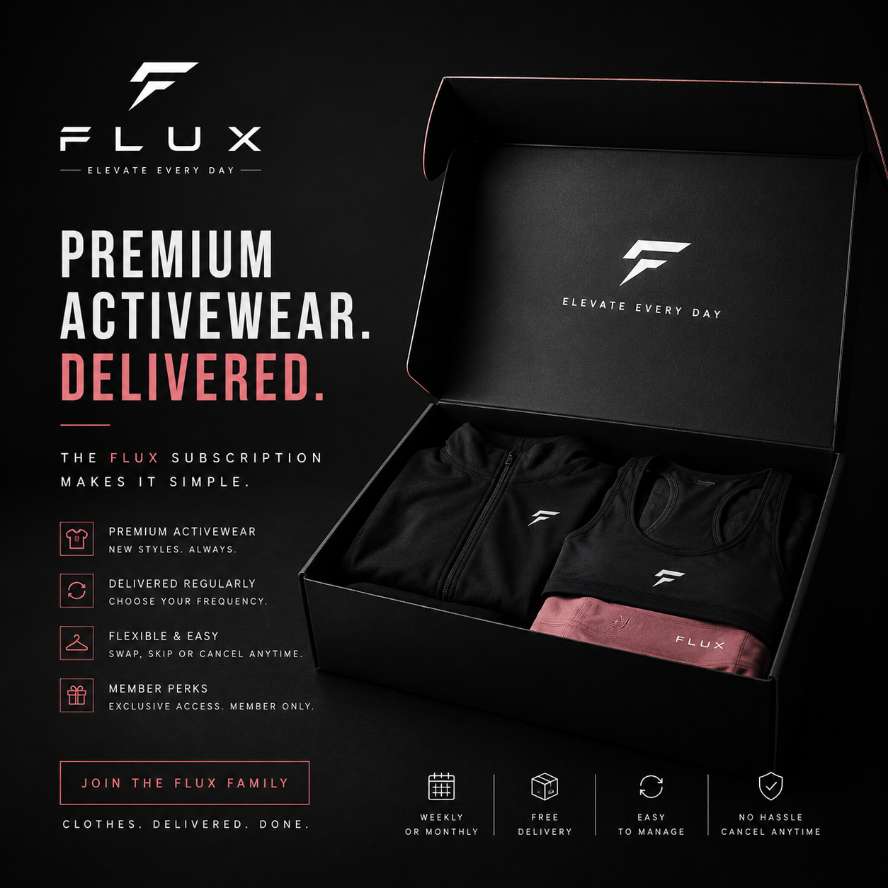 FLUX — Premium activewear, delivered. Subscription makes it simple.